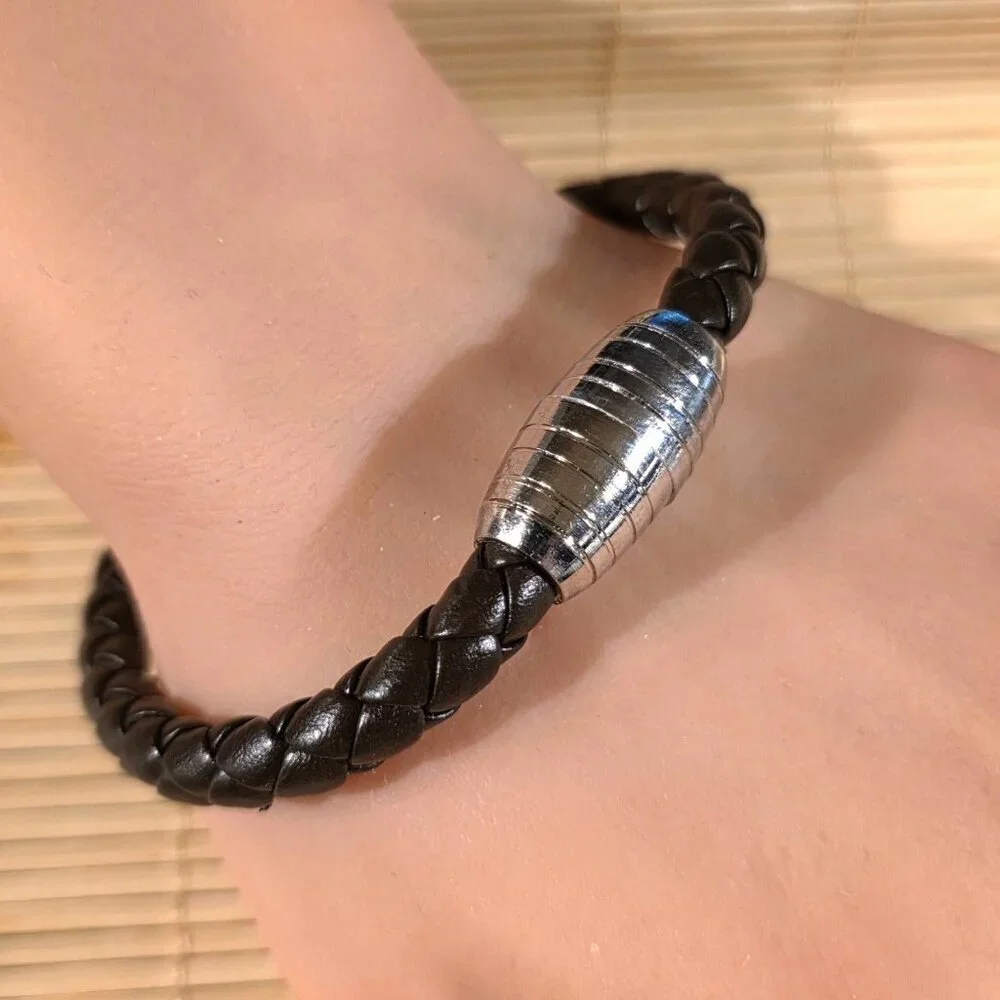 Braided Thick Dark Brown Vegan Leather Magnetic Clasp Bangle Bracelet